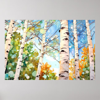 Färgmålning för Birch Forest Watercolor Art Skriv Poster