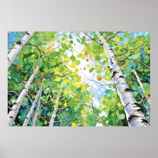 Färgmålning för Birch Forest Watercolor Art Skriv Poster