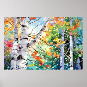 Färgmålning för Birch Forest Watercolor Art Skriv Poster
