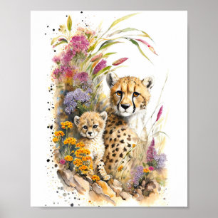 Färgmålning för Cheetah Baby och Mamma Poster
