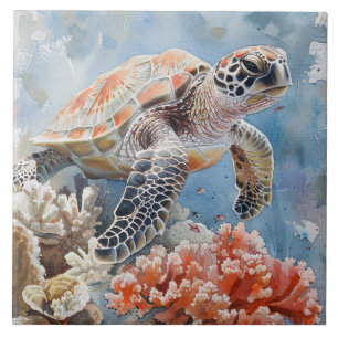 Färgmålning för Cute Sea Turtle Watercolor Kakelplatta
