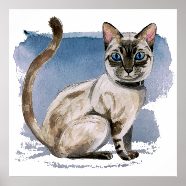 Färgmålning för Cute Siamese Cat Watercolor Poster (Framsidan)