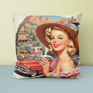 Färgmålning för Cute Vintage Retro Girl Kudde