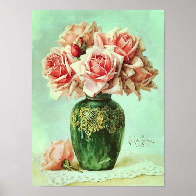 Färgmålning för rosa ros Fine Art Flower Poster (Framsidan)