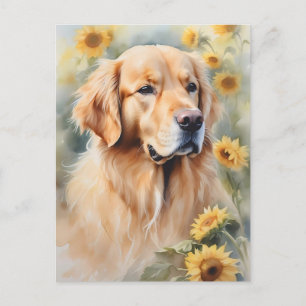 Färgmålning Golden Retriever och Solros Vykort