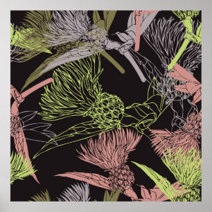 Färgmönster för kornblommor,blommor,grönt,d poster