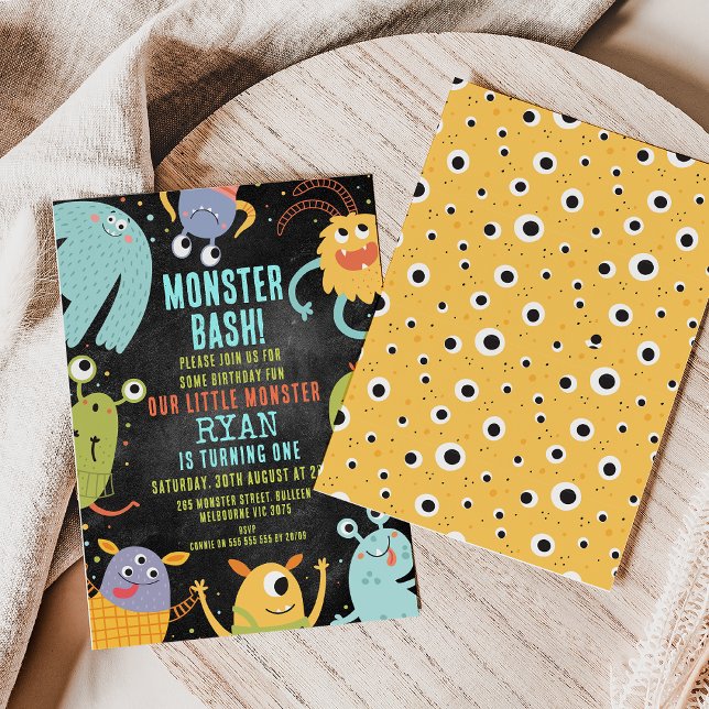 Färgmonster i kartong 1:a födelsedag inbjudningar (Chalkboard Monster 1st Birthday Invitation, Monster Invitation, Monster Party, Our Little Monster)