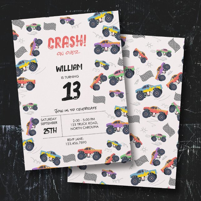 Färgmonster Lastbilar Tävla Barns födelsedag Party Inbjudningar (Colorful Monster Trucks Racing Kids Birthday Party Invitation)