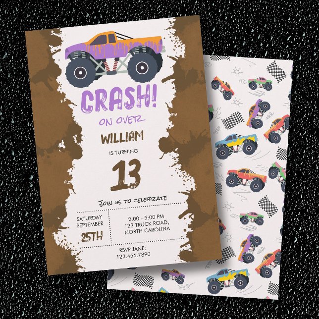 Färgmonster Lastbilar Tävla Barns födelsedag Party Inbjudningar (Colorful Monster Trucks Racing Kids Birthday Party Invitation)