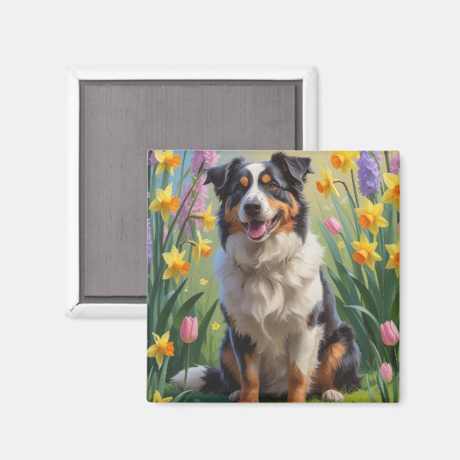 Färgning av australian shepherd Hund Vår blommor Magnet (Front/Back)