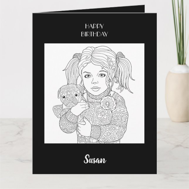 Färgning av barn och Hund i grattis på födelsedage Kort (Framsida)