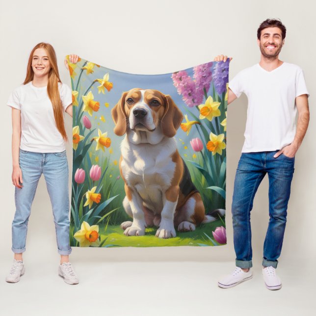 Färgning av Beagle Hund Vår blommor Fleecefilt (På plats)