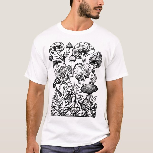 Färgning av Blommigt och illustration av svampar T Shirt (Framsida)