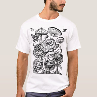 Färgning av Blommigt och illustration av svampar T Shirt