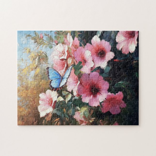 Färgning av Blue Butterfly Rosa Flowers Pussel (Horisontell)