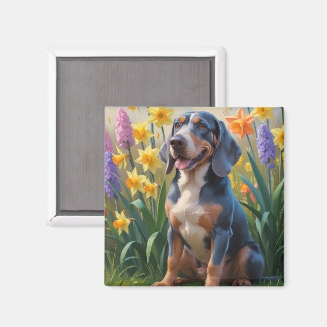 Färgning av Bluetick Coonhound Hund Vår blommor Magnet (Front/Back)