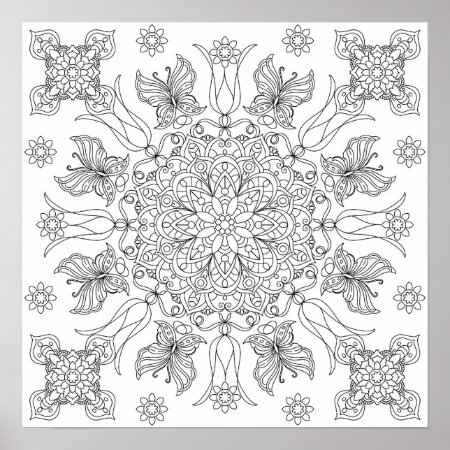 Färgning av Butterflies och Blommars Mandala Vuxen Poster (Framsidan)