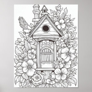 Färgning av Cute Birdhouse-Vuxen Poster