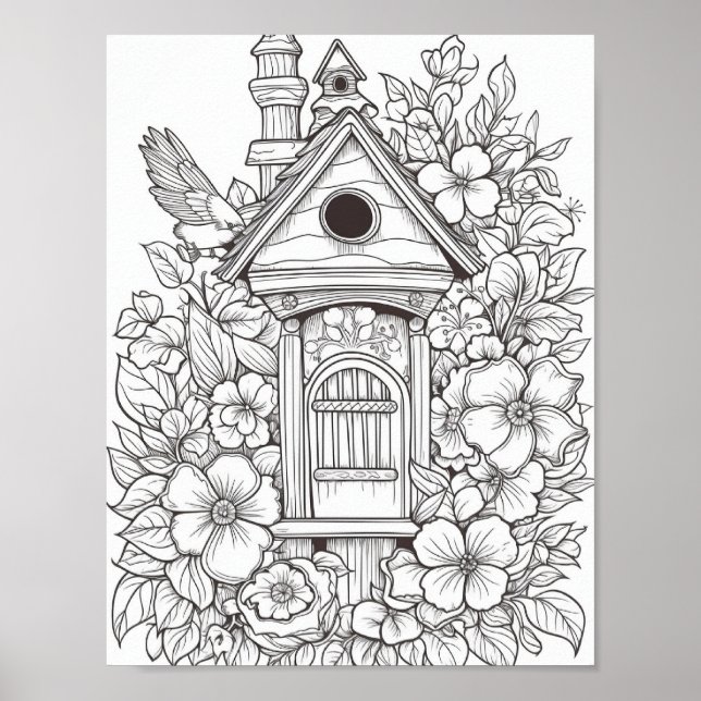 Färgning av Cute Birdhouse-Vuxen Poster (Framsidan)
