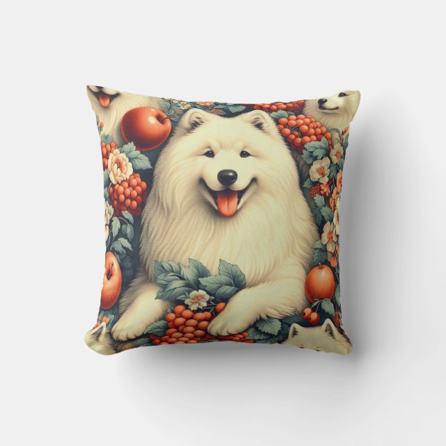 Färgning av Cute Samoyed Blommigt Kudde (Framsida)