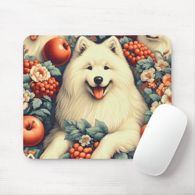 Färgning av Cute Samoyed Blommigt Musmatta (Med mus)