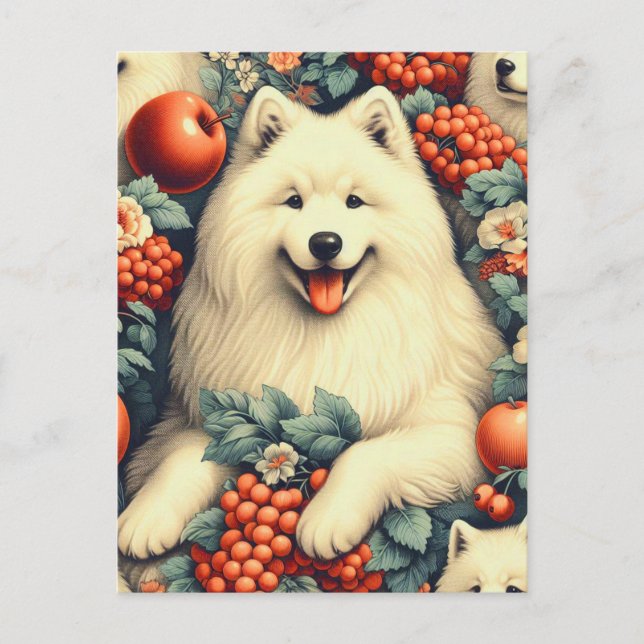 Färgning av Cute Samoyed Blommigt Vykort (Framsida)