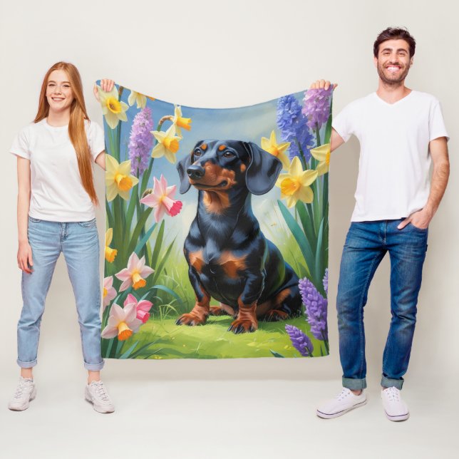Färgning av Dachshund Hund Vår blommor Fleecefilt (På plats)