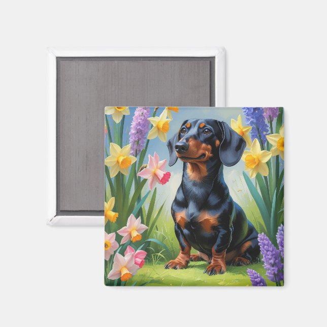 Färgning av Dachshund Hund Vår blommor Magnet (Front/Back)
