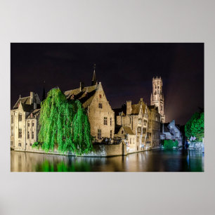 Färgning av den gamla staden Bruges och Belfry tor Poster