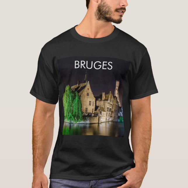 Färgning av den gamla staden Bruges och Belfry tor T Shirt (Framsida)