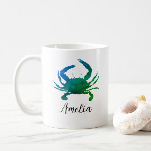 Färgning av eget namn - blå krabba kaffemugg