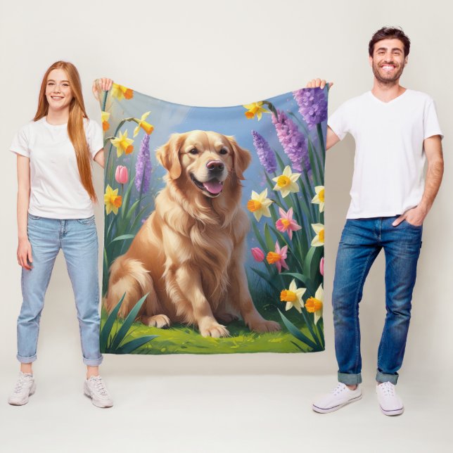 Färgning av Golden Retriever Hund Vår blommor Fleecefilt (På plats)