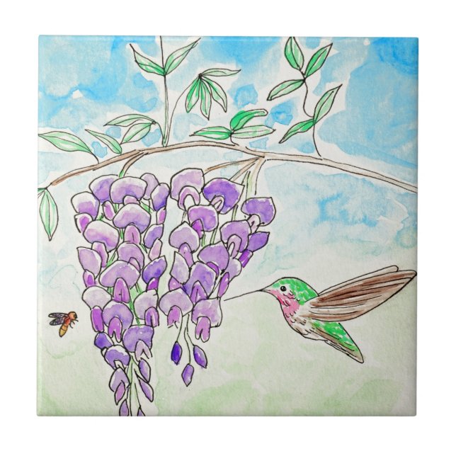 Färgning av hummingbird och Wisteria Kakelplatta (Framsidan)