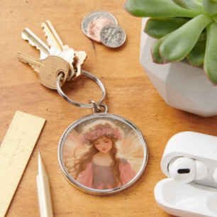 Färgning av kute Rosa Fairy Fantasy Rund Silverfärgad Nyckelring