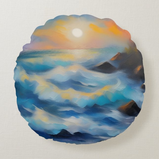 Färgning av ljusblått hav vinkarare under sol rund kudde (Framsidan)