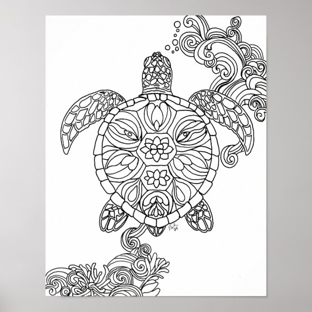 Färgning av Magic Sea Turtle Vuxen Printable Poster (Framsidan)