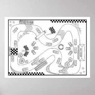 Färgning av Racetrack-motorvagnar Poster