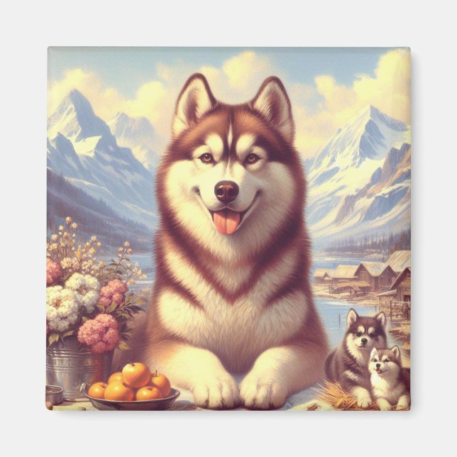 Färgning av Retro Siberian husky Magnet (Framsidan)