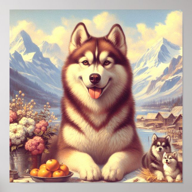 Färgning av Retro Siberian husky Poster (Framsidan)