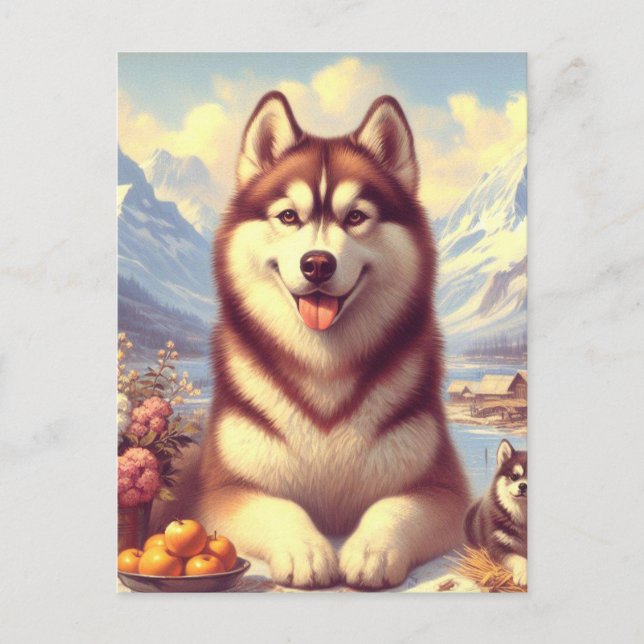 Färgning av Retro Siberian husky Vykort (Framsida)