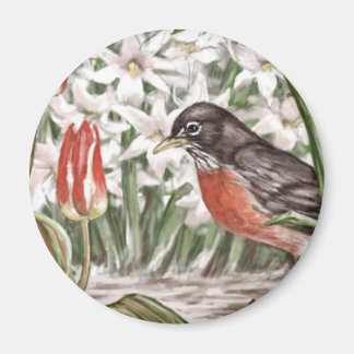 Färgning av Robin och Red Tulips Vår blommor Magnet
