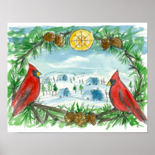 Färgning av rödkardinalfåglar Bymålning Winter Snö Poster