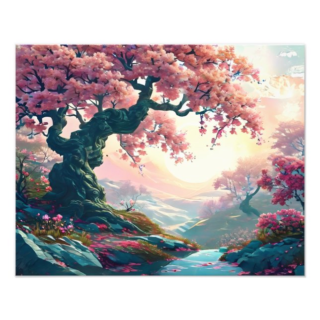 Färgning av Rosa Blommar Träd Fototryck (Framsidan)