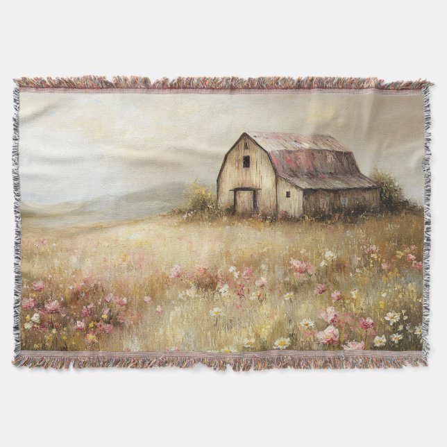 Färgning av Rustic White Barn Wildblomma Fält Filt (Framsidan)