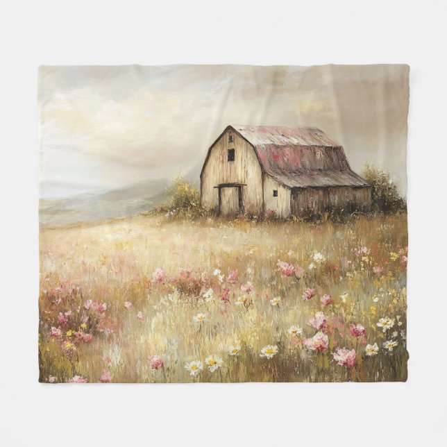 Färgning av Rustic White Barn Wildblomma Fält Fleecefilt (Framsidan (Horisontell))