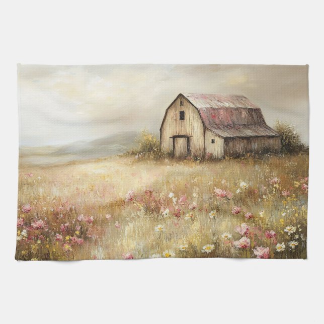 Färgning av Rustic White Barn Wildblomma Fält Kökshandduk (Horisontell)