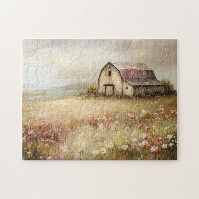 Färgning av Rustic White Barn Wildblomma Fält Pussel (Horisontell)