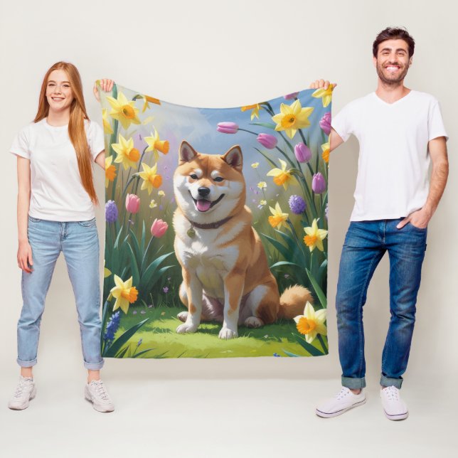 Färgning av Shiba Inu Hund Vår blommor Fleecefilt (På plats)