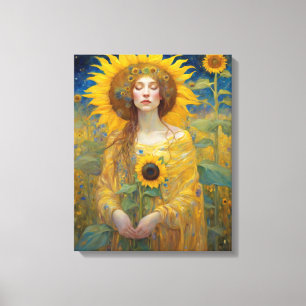 Färgning av solrosblomman Woman Art nouveau Canvastryck