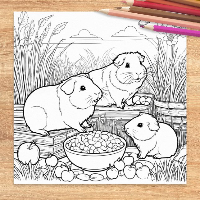 Färgning av söta husdjur i Guinea Grisar Poster (A cute picture to color, featuring three guinea pigs with their food)